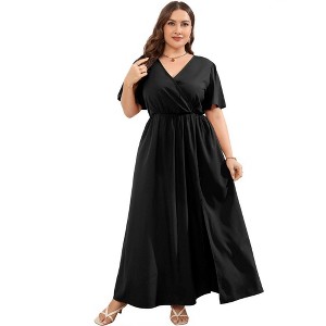 Whizmax Women Plus Size Wrap Maxi Dress Short Flutter Sleeves Empire Waist Split A Line Boho Casual Dress - 1 of 4