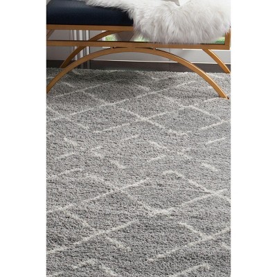 Grey and Ivory Geometric Shag 4' x 6' Area Rug
