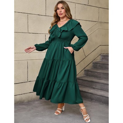 Women's Plus Size Long Sleeve Maxi Dress V Neck Ruffle Casual Dress Spring Fall Dark Green 3XL