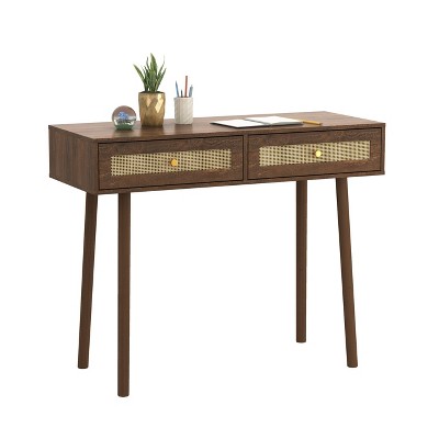 Walnut Mid-Century Modern Console Table with Rattan Drawers