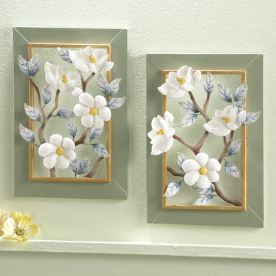 Hand-Painted 3D Magnolia Blossoms Metal Wall Art Set