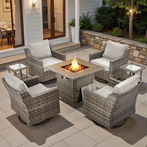 7Pcs Patio Rocking Swivel Chair with 50,000 BTU Fire Pit Table Outdoor Wicker Rattan Bistro Set with Tempered Glass Side Table - 1 of 4