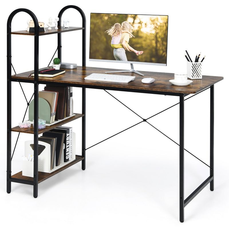 Costway 48'' Reversible Computer Desk Writing Table Workstation w/ Storage Shelf Black\Brown, 1 of 13