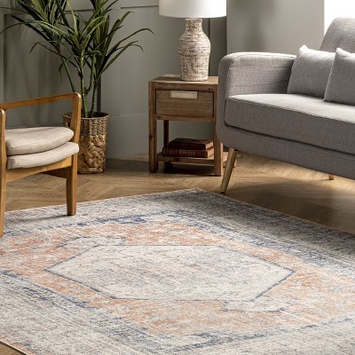 Peach Floral Bliss 4' x 6' Easy-Care Synthetic Area Rug