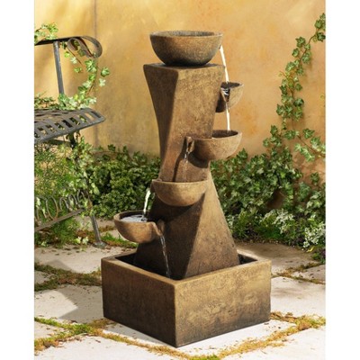 Rustic Brown Resin Cascading Bowls Outdoor Fountain with LED Light