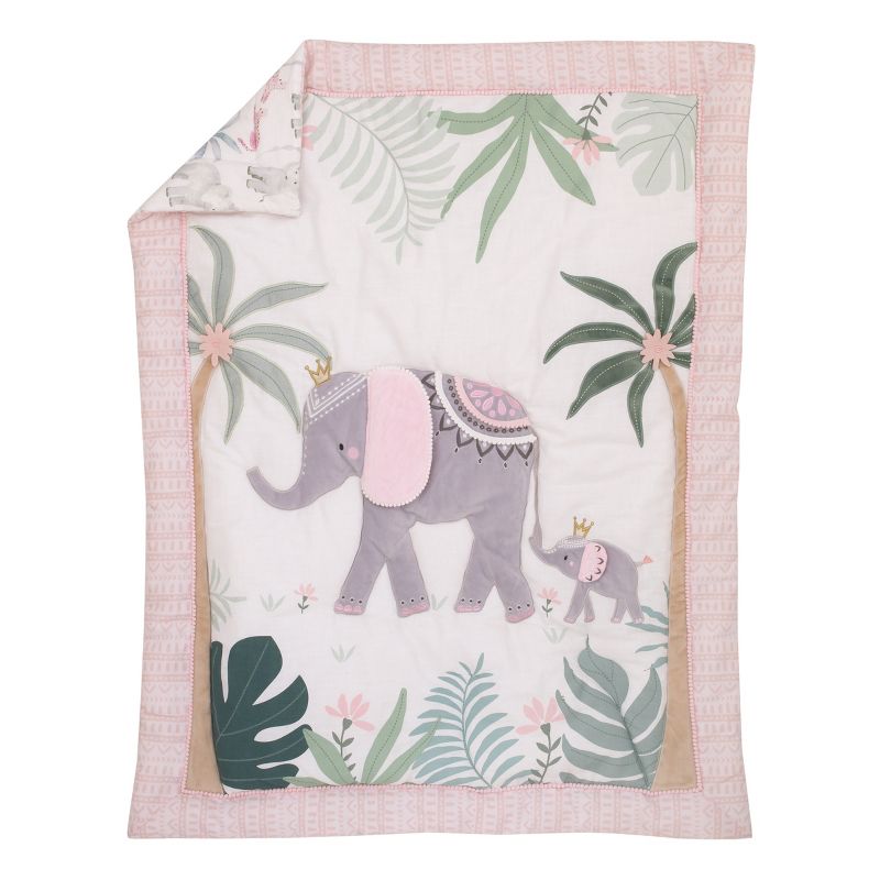 NoJo Tropical Princess Elephant /Jungle Pink and Green 4 Piece Crib Bedding Set - Comforter, Fitted Crib Sheet, Dust Ruffle and Storage, 3 of 11