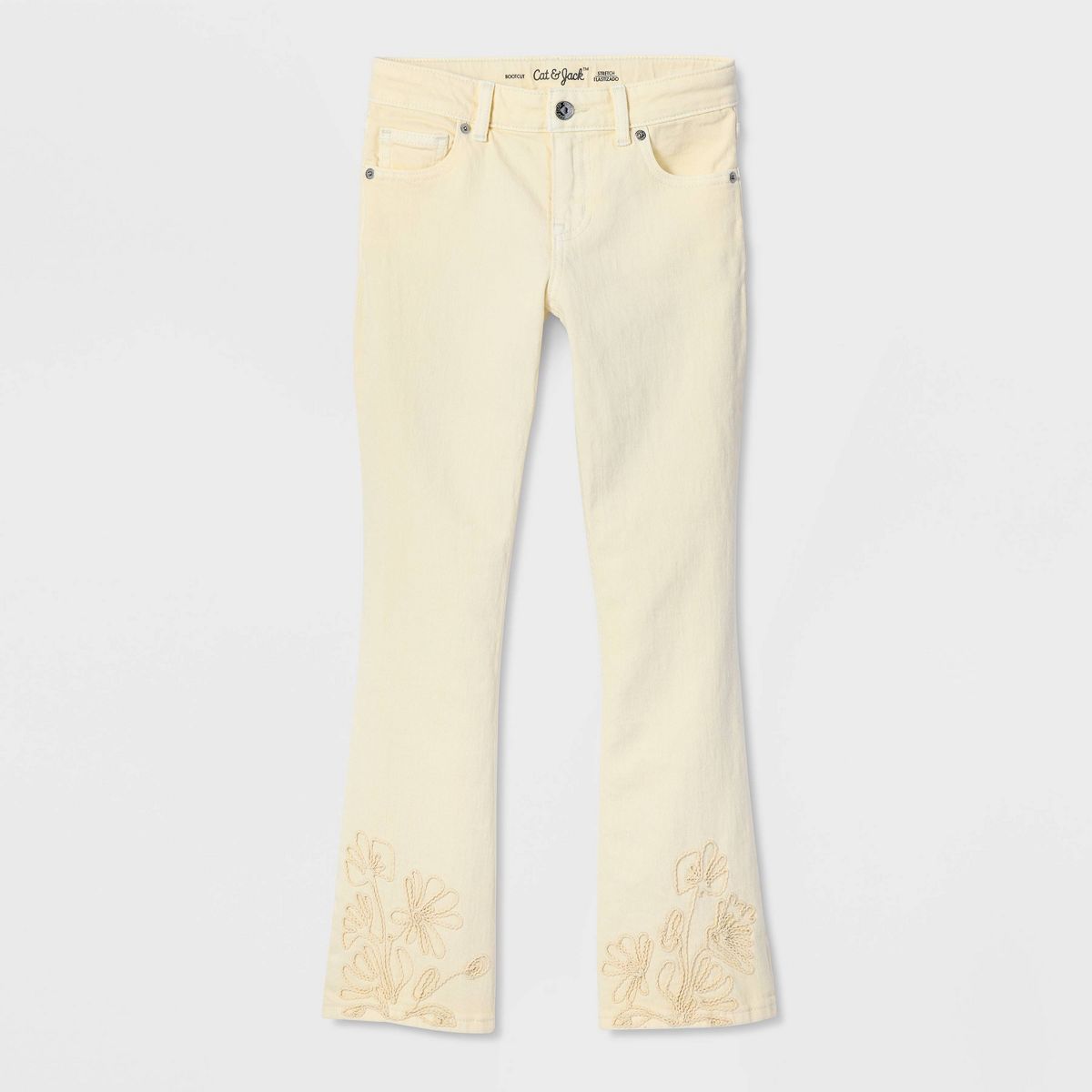 Girls' Mid-Rise Bootcut Embroidered-Hem Jeans - Cat & Jack™ Off-White - thumbnail 2