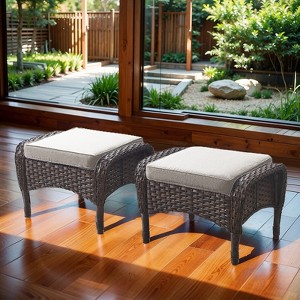 POCASSY Outdoor Ottomans Set of 2 with Cushion, Brown Wicker Patio Footrest with All Weather Wicker Rattan - 1 of 4