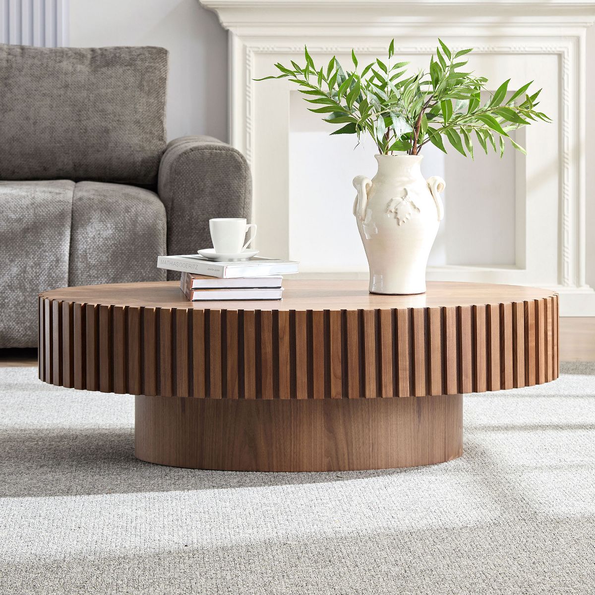Oval/Square Coffee Table Minimalist Fluted Center Table Accent Table, Natural Ash/Walnut/Matt Black-ModernLuxe
