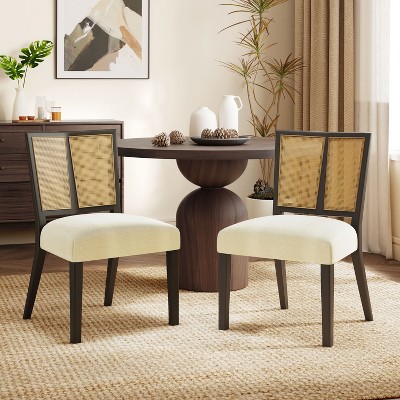 Okak Set of 2 Upholstered Rattan Woven Back Dining Chair Without Arm,Wooden Accent Dining Chairs for Dining Room,Kitchen