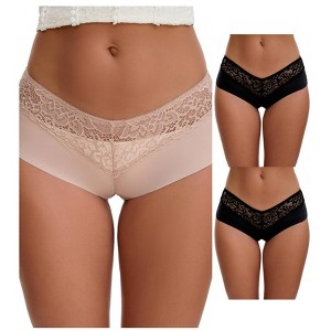 INSPIRE CHIC Women's Lace Ice Silk Hollow Out Mid Rise Comfort Boyshorts  Briefs 3 Packs - 1 of 4