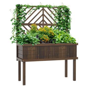 Outsunny Raised Garden Bed with Trellis for Climbing Plants, Wood Planter with Legs, Drainage Holes & Filter, Carbonized