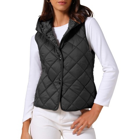 INSPIRE CHIC Women's Lightweight Hooded Sleeveless Button Down Casual Puffer Vest X-Large Black