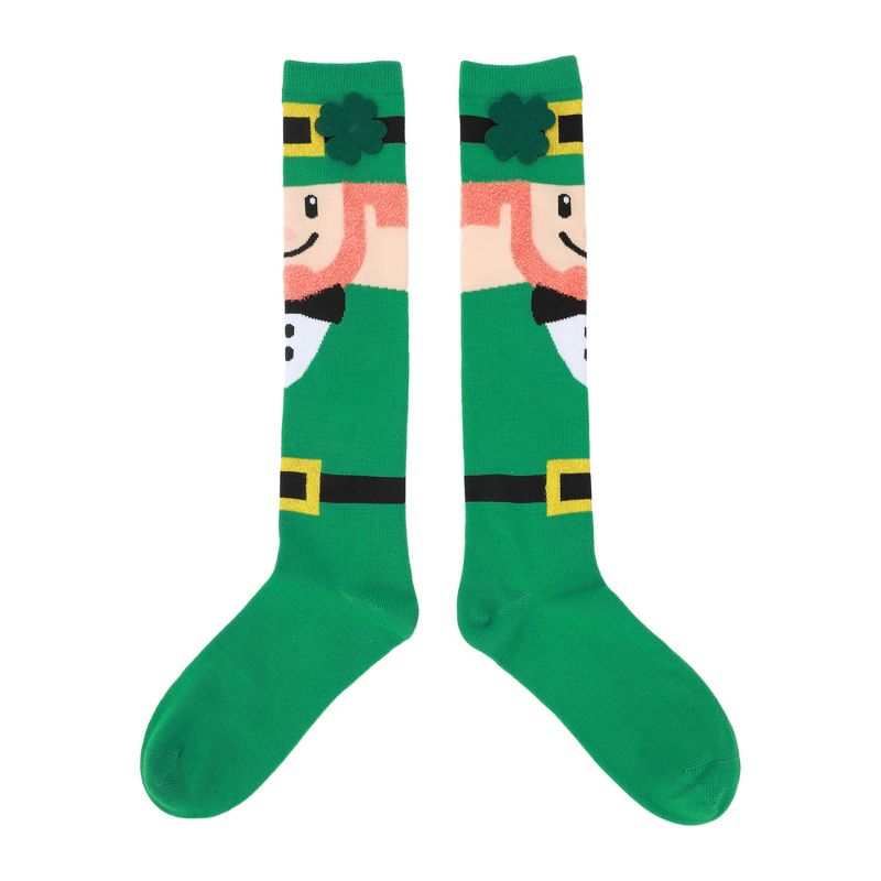 St. Patrick's Day 3D Felt Leprechaun & Clover Women's Green Knee-High Socks, 4 of 7