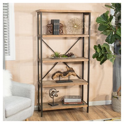 Perth 69.5" Brown Wood and Iron Industrial Bookcase
