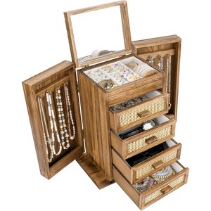 5-Layer Rattan Jewelry Box with Mirror & 4 Drawers, Wooden Organizer Storage for Rings, Earrings, Necklaces & Watches - 1 of 4