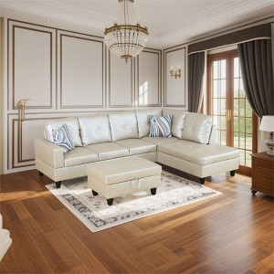 Beige Semi-PU Leather Sectional Sofa �C Modern L-Shaped Design, Tufted Cushions, Storage Ottoman, Versatile Home D�cor - 1 of 4