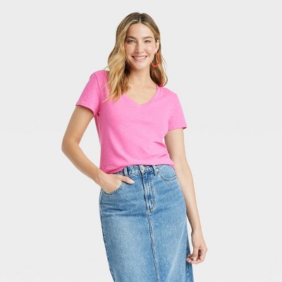 Women's Fitted Short Sleeve V-Neck T-Shirt - Universal Thread™ Pink M