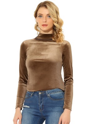 Allegra K Women's Solid Turtleneck Velvet Long Sleeve Work Basic Velour Blouse