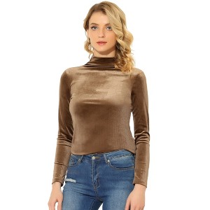 Allegra K Women's Solid Turtleneck Velvet Long Sleeve Work Basic Velour Blouse - 1 of 4
