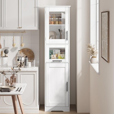 67¡± Tall Narrow Bathroom Storage Cabinet, Slim Freestanding Linen Cabinet with Glass Doors, Drawer & Adjustable Shelf