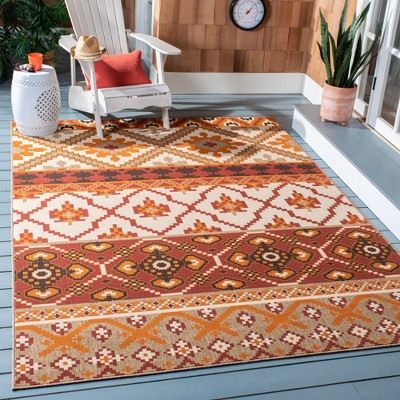 Red and Beige Rectangular Washable Synthetic Area Rug