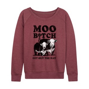 Women's Instant Message Moo Get out the Hay- Women's Lightweight French Terry Long Sleeve Shirt Lightweight French Terry Wide Neck Long Sleeve Graphic - 1 of 4