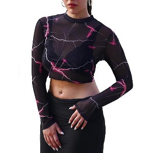 Avidlove Mesh Top Mesh Crop Top for Women Y2K Long Sleeve Mock Neck Top - 1 of 4