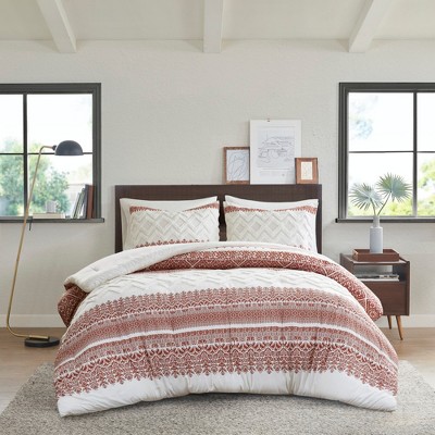 3Pcs Boho Style Cotton Duvet Set, Botanic Print Tufted Chevron Chenille Bedding, Farmhouse Bed Set with Matching Shams