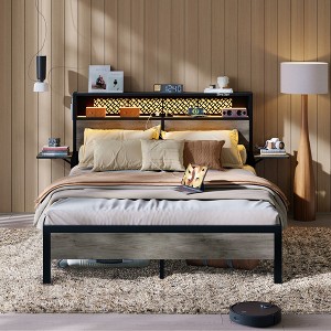 Bed Frame Metal Platform Bed with LED Storage Headboard Charge Station - 1 of 4