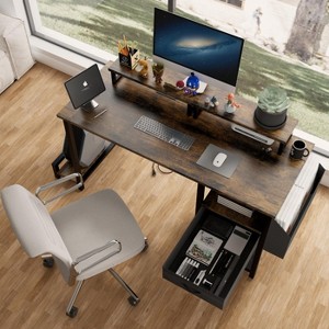 KTMBDW 47” L Desk with Power Outlet, Computer Gaming Desk with File Drawer & Monitor Stands for Home Office with Storage Shelves - 1 of 4