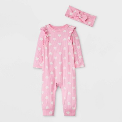 Image of Baby Girls' Heart Rib Romper with Headband - Cat & Jack™ Pink/White Newborn