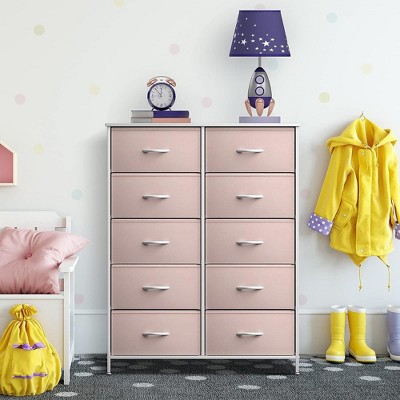 Blush Pink 10-Drawer Fabric Dresser with Faux Wood Top
