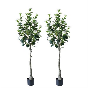 coucheta Pair of Lifelike Artificial Camellia Trees, Potted White Flowering Plants with Realistic Leaves for Elegant Home Decor - 1 of 4