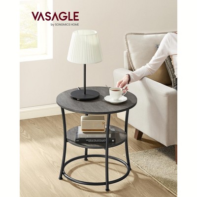 Misty Gray and Ink Black Round Metal Side Table with Storage Shelves