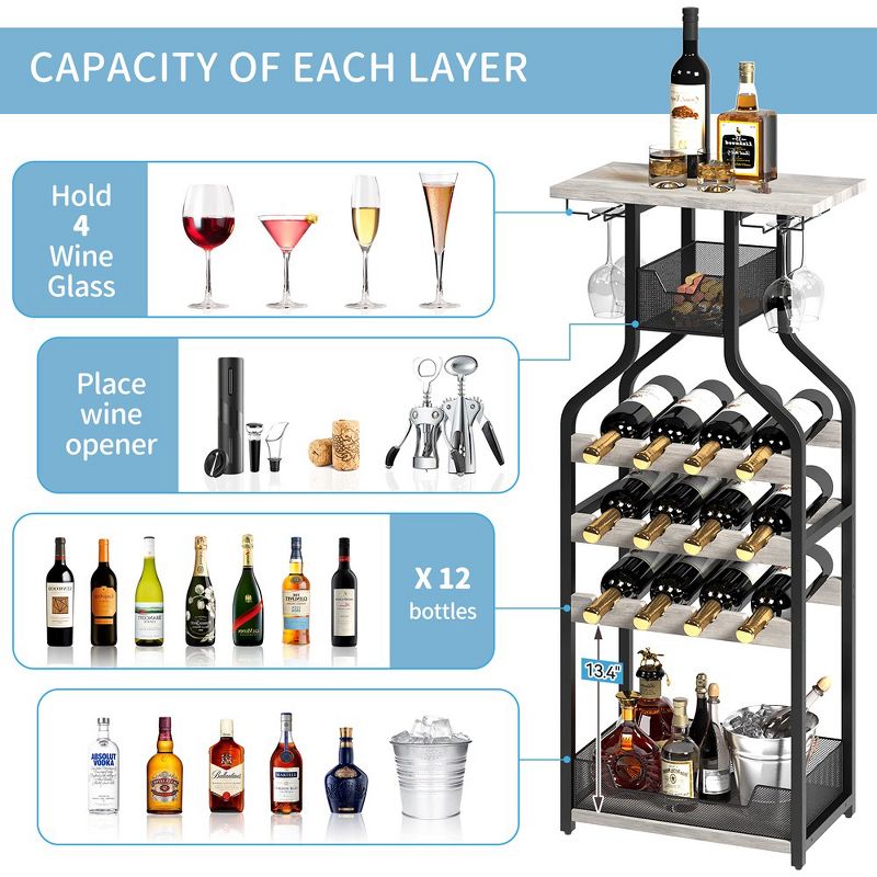 Whizmax Metal Wine Rack Wine Bottle Holders Stands Freestanding Floor, Wine Storage Organizer for Bar Kitchen Dining Living Room, Small Spaces, Grey, 4 of 10