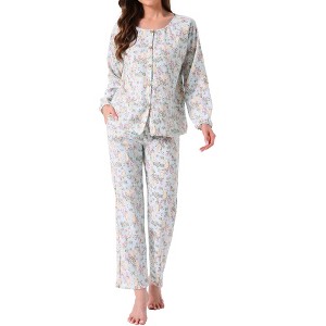 INSPIRE CHIC Women's Cotton Pajamas Long Sleeve Round Neck Button Down Floral Set with Pocket - 1 of 4