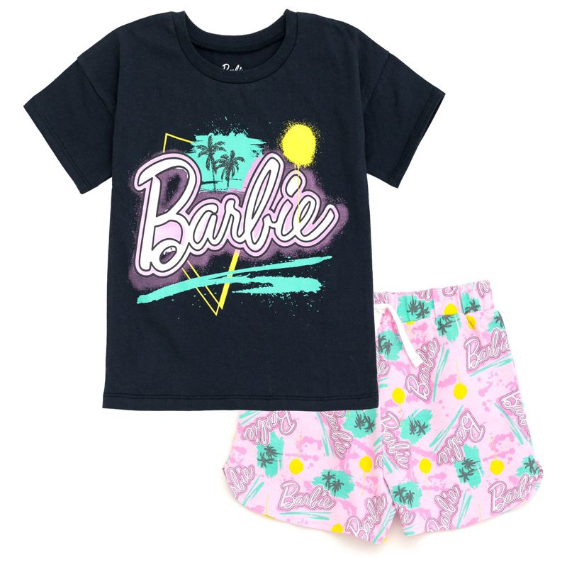 Barbie Girls T-Shirt and French Terry Shorts Outfit Set Toddler to Big Kid, 1 of 6