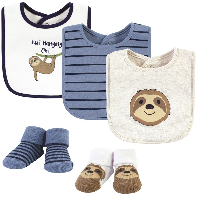 Hudson Baby Infant Boy Cotton Bib and Sock Set, Sloth, One Size, 1 of 9