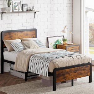 Industrial Wood & Metal Platform Bed Frame, Rustic Brown, 1000lb Capacity, Underbed Storage - 1 of 4