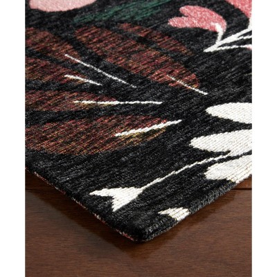 Black Floral Synthetic Washable Non-Slip Rectangular Rug 24" x 40"