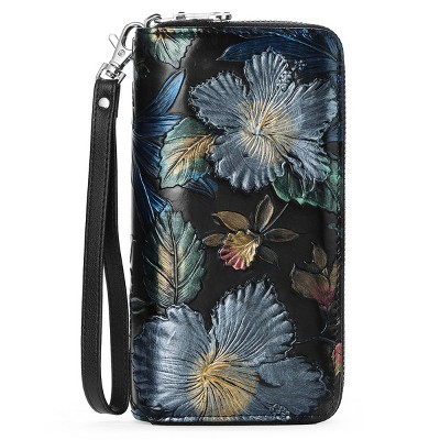 BEAFUP Women's Wallet,Creative Floral PrintLarge Capacity Double Zip Leather Wallet,RFID Blocking and Wristlet,(Random Print)