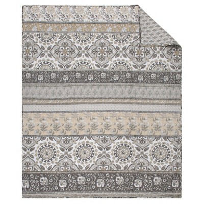 Lirelle Floral Reversible Cotton Throw Blanket in Grey and Tan