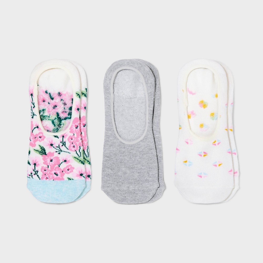Women's 3pk Garden Floral Liner Socks - A New Day™ Ivory/Gray/Pink 4-10