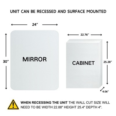 TEHOME 24'' x 30'' White Frameless Metal Medicine Cabinet with Mirror