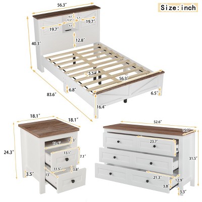 Full Size White and Brown Farmhouse 3-Piece Bedroom Set with Storage