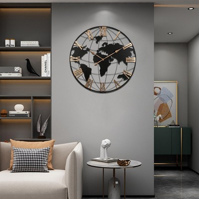 36"H Roman Numeral Black Clock,Silent World Map Clock With Gold Pointers,Metal Wall Clock Contemporary,Decorative Clock,Indoor Furniture -The Pop Home