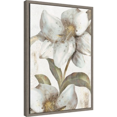 White Lilies Floral Canvas Print with Gray Frame