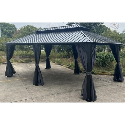 12x20FT Hardtop Gazebo, Galvanized Steel Metal Double Roof Aluminum Gazebo with Curtain and Netting, for Patio, Lawn & Garden