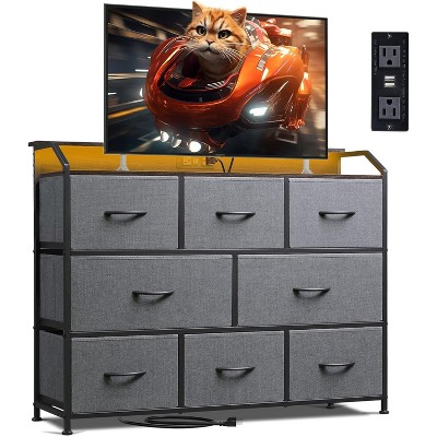 8 Dresser TV Stand with Power Outlets, Led Dresser for Bedroom, Fabric Chest of Drawers with Double Open Shelves, Wood Top, Steel Frame
